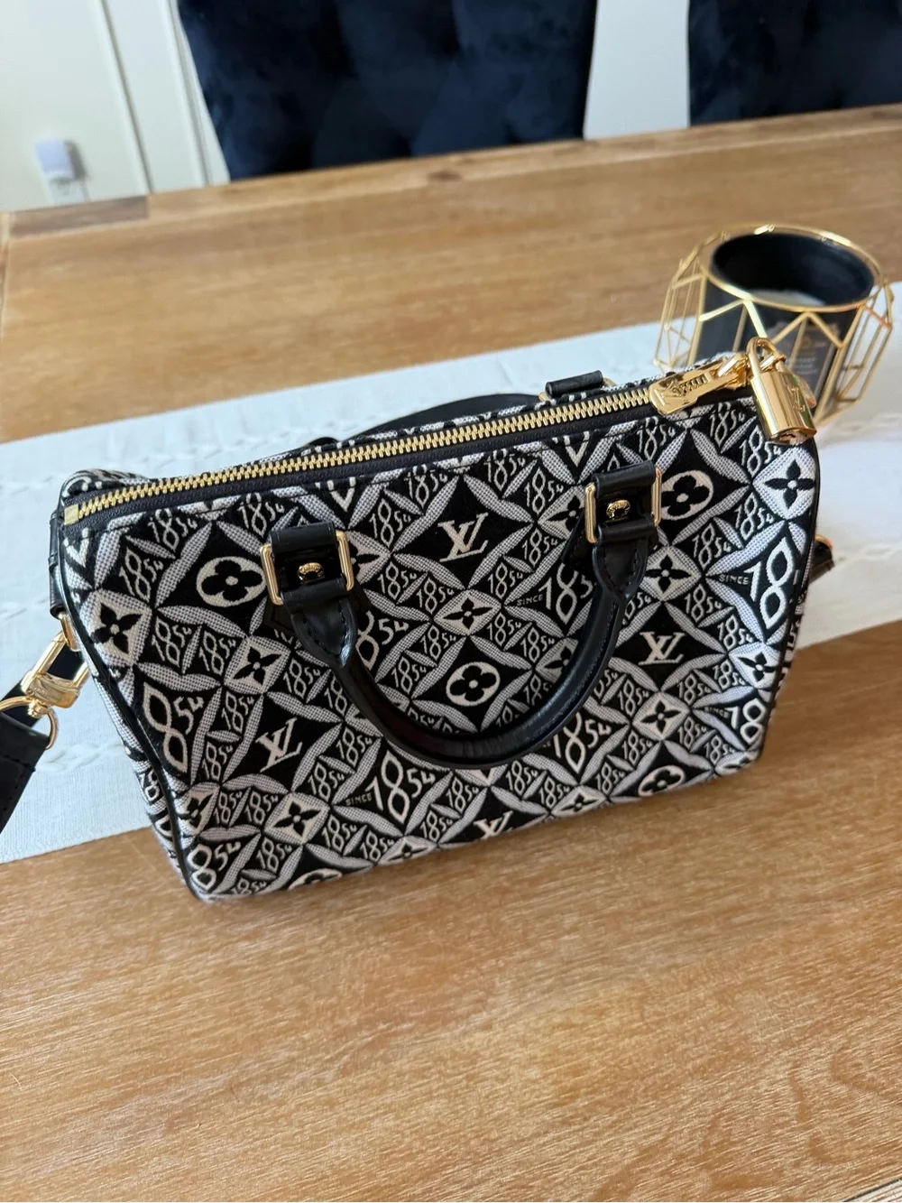LV Black & White Monogram Jacquard Satchel with Gold Hardware